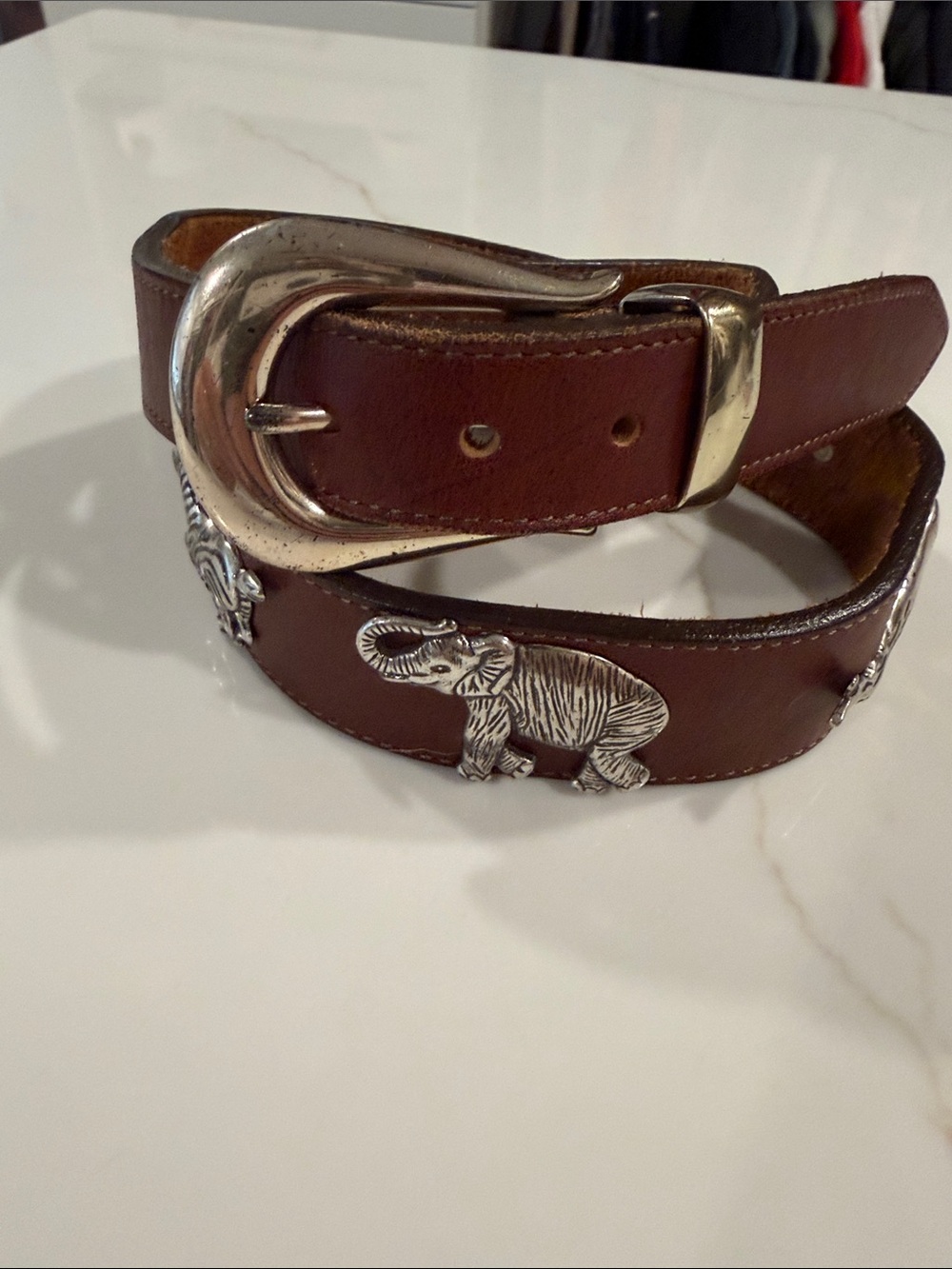 Vintage Brown Leather Brighton Belt with animals and Silver Buckle